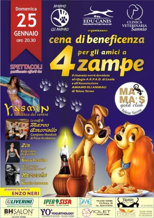 Cena di Beneficenza domani domenica 25 Gennaio a Telese Terme per “gli amici a 4 zampe”