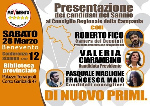 Sabato 28 Marzo la presentazione dei candidati sanniti del M5S al Consiglio Regionale della Campania.