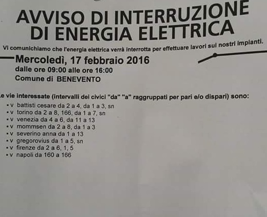 Comune di Benevento: Interruzione dell’Energia Elettrica il giorno 17 Febbraio 2016