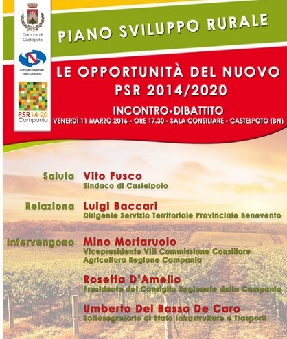 Sviluppo Rurale. Al comune di Castelpoto un convegno-dibattito su: “le opportunità del nuovo PSR 2014”.