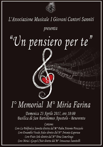 “1° Memorial Miria Farina” domenica 23 Aprile nella Basilica di San Bartolomeo