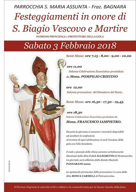 Festività di San Biagio. A Bagnara il 3 Febbraio solenne celebrazione Eucaristica