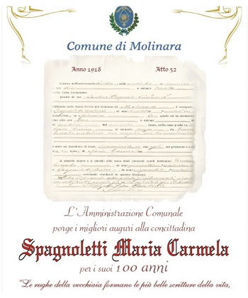 Molinara in festa per il centenario di Spagnoletti Maria Carmela.