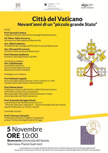 Università degli Studi del Sannio: il 5 Novembre la presentazione del volume”Città del Vaticano” di Francesco Clementi