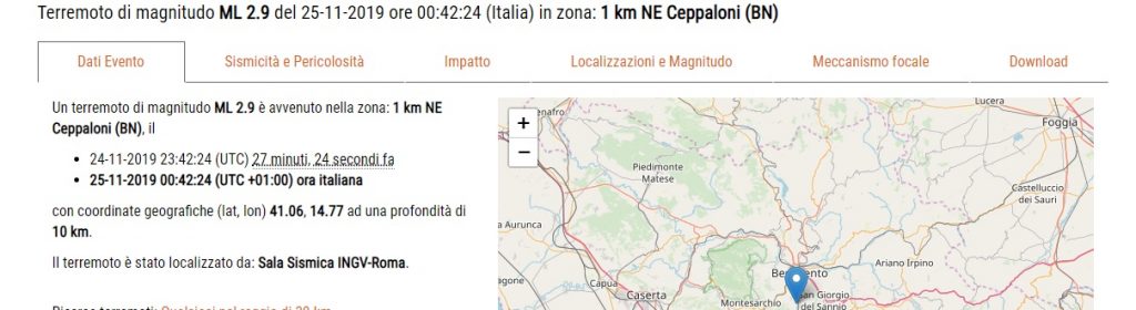 Terremoto di magnitudo 2.9 alle 00.42 a Ceppaloni