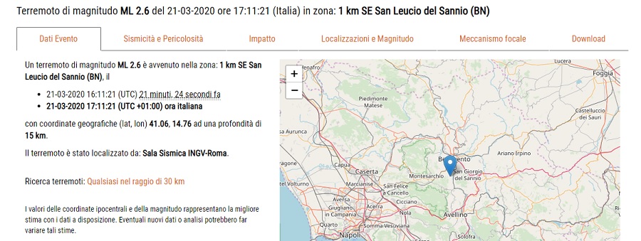 Scossa di terremoto con epicentro San Leucio del Sannio