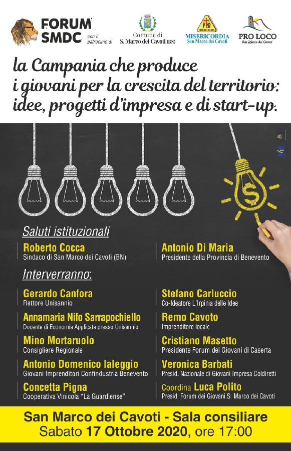 “La Campania che produce. I giovani per la crescita del territorio: idee, progetti d’impresa e di startup”, a San Marco dei Cavoti sabato 17 Ottobre.