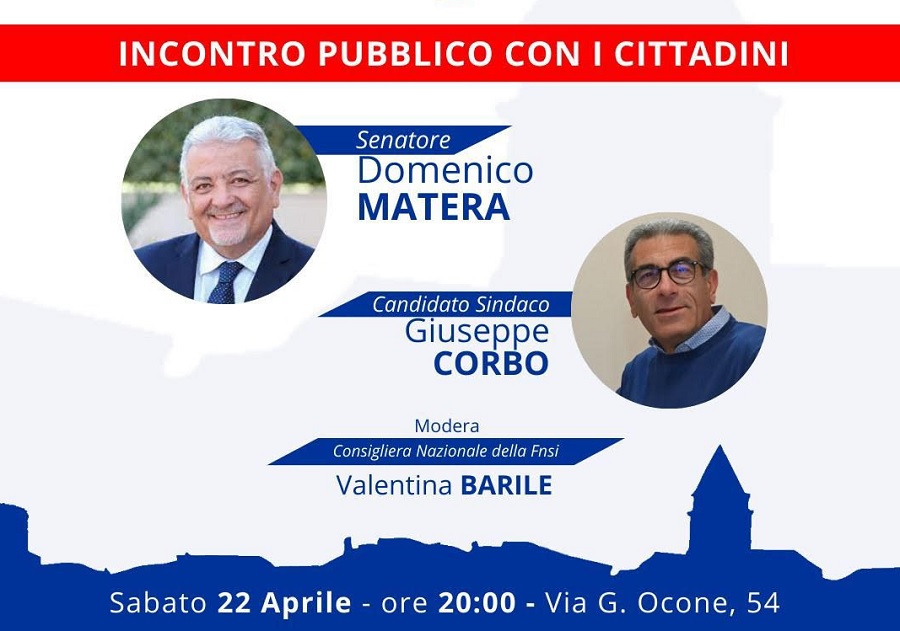 Sabato il senatore Domenico Matera in paese a sostegno della lista ‘Per Ponte’ con Giuseppe Corbo candidato sindaco