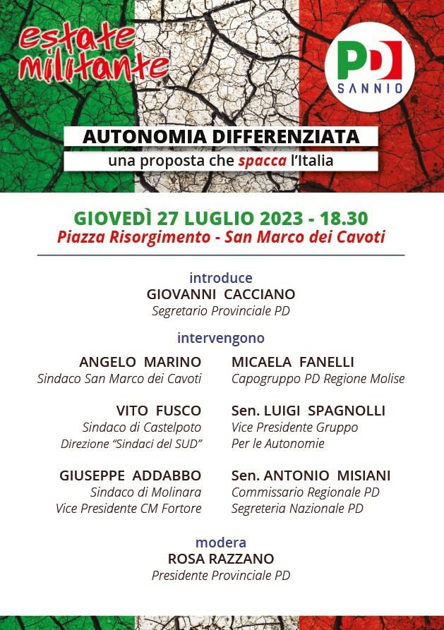 “Autonomia differenziata: Una proposta che spacca l’Italia”: domani sera a San Marco dei Cavoti con il sen. Misiani