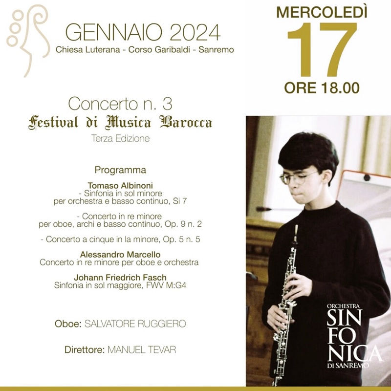 L’oboista Salvatore Ruggiero a Sanremo per la III edizione del Festival di Musica Barocca