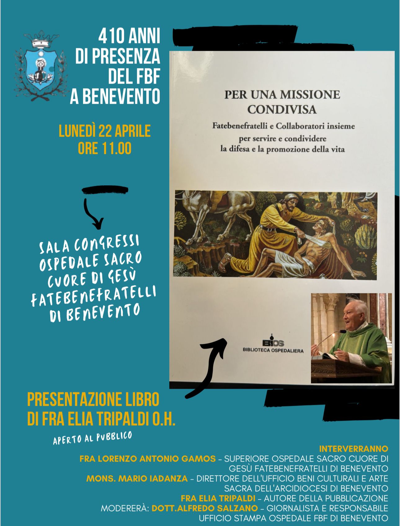 Il 22 Aprile presentazione del libro di Fra Elia Tripaldi o.h. “Per una missione condivisa”